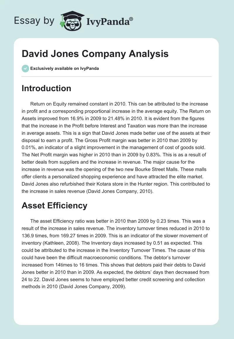 David Jones Company Analysis. Page 1