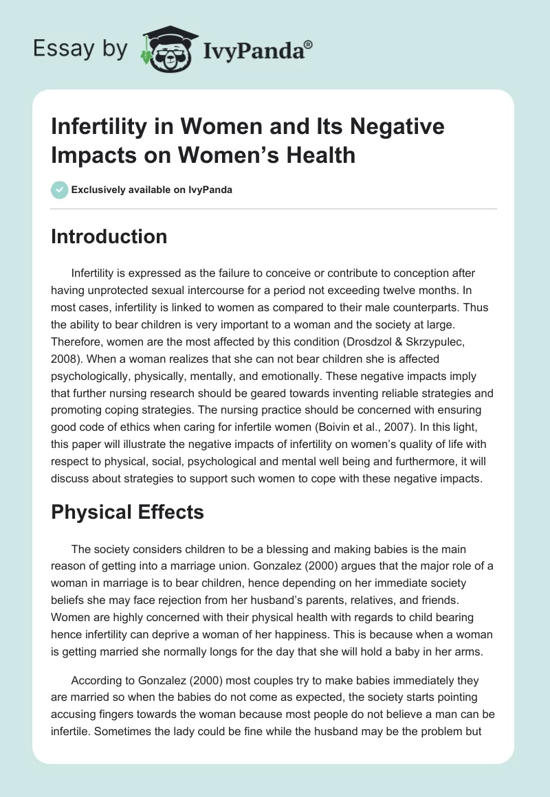 Infertility in Women and Its Negative Impacts on Women’s Health. Page 1