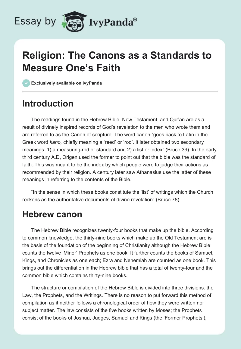 Religion: The Canons as a Standards to Measure One’s Faith. Page 1