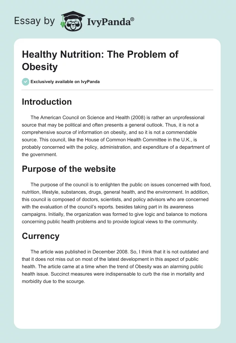 Healthy Nutrition: The Problem of Obesity. Page 1