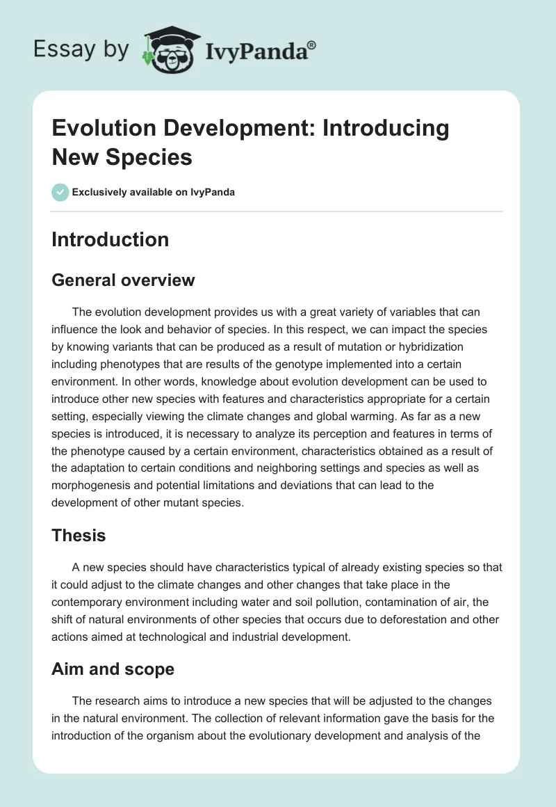 Evolution Development: Introducing New Species. Page 1
