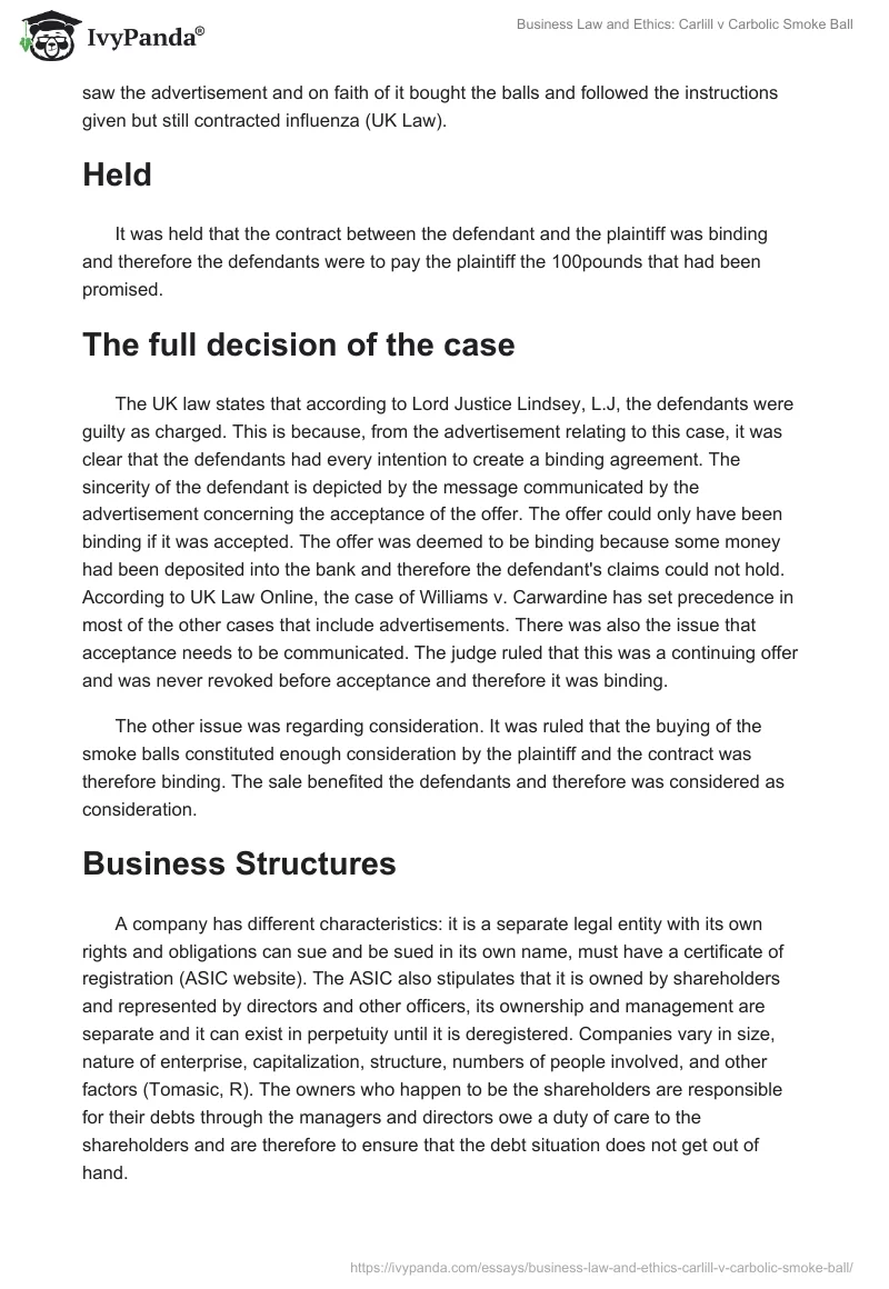 Business Law and Ethics: Carlill v Carbolic Smoke Ball. Page 2