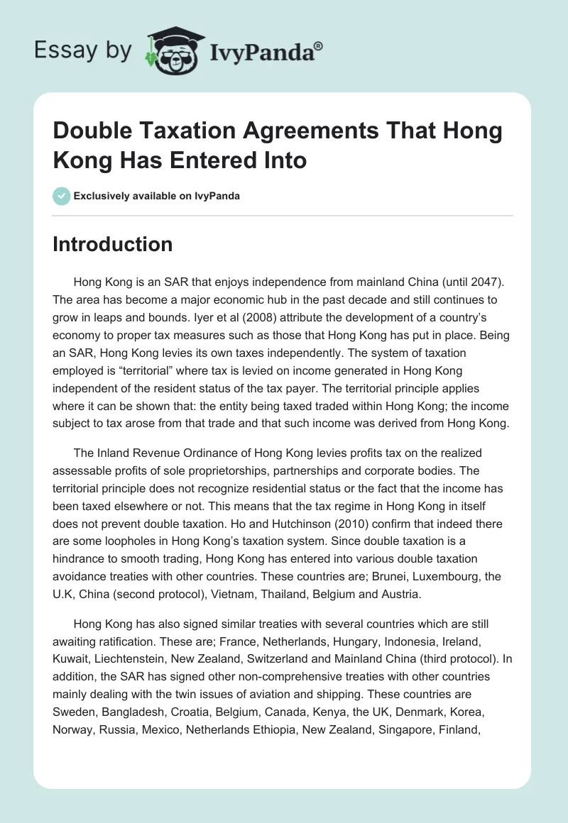 Double Taxation Agreements That Hong Kong Has Entered Into. Page 1