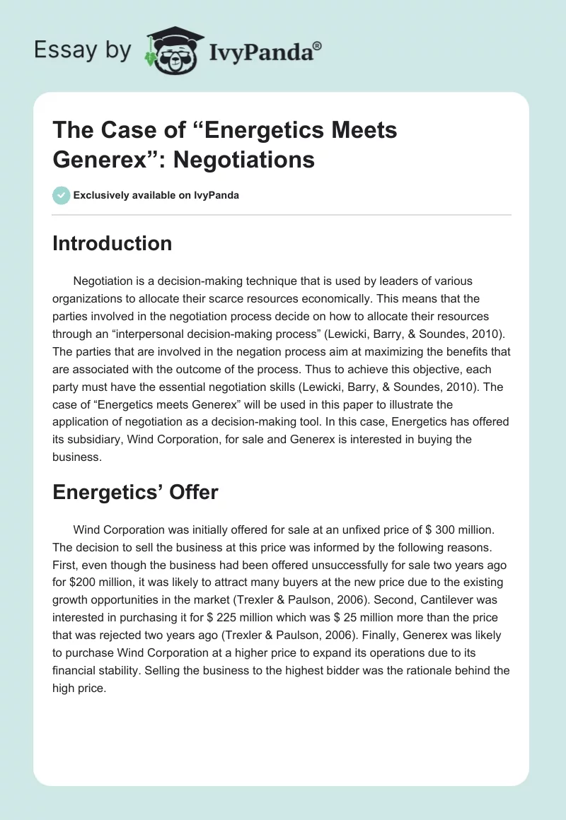 The Case of “Energetics Meets Generex”: Negotiations. Page 1