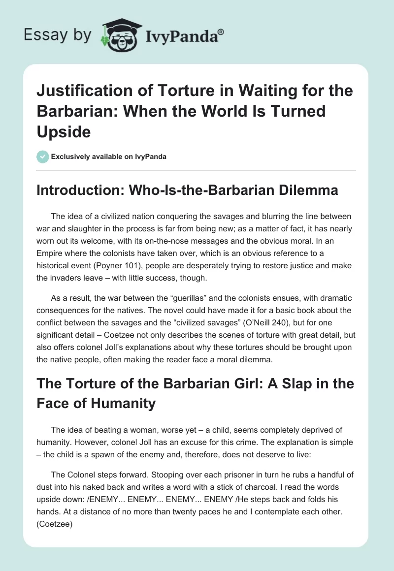 Justification of Torture in Waiting for the Barbarian: When the World Is Turned Upside. Page 1