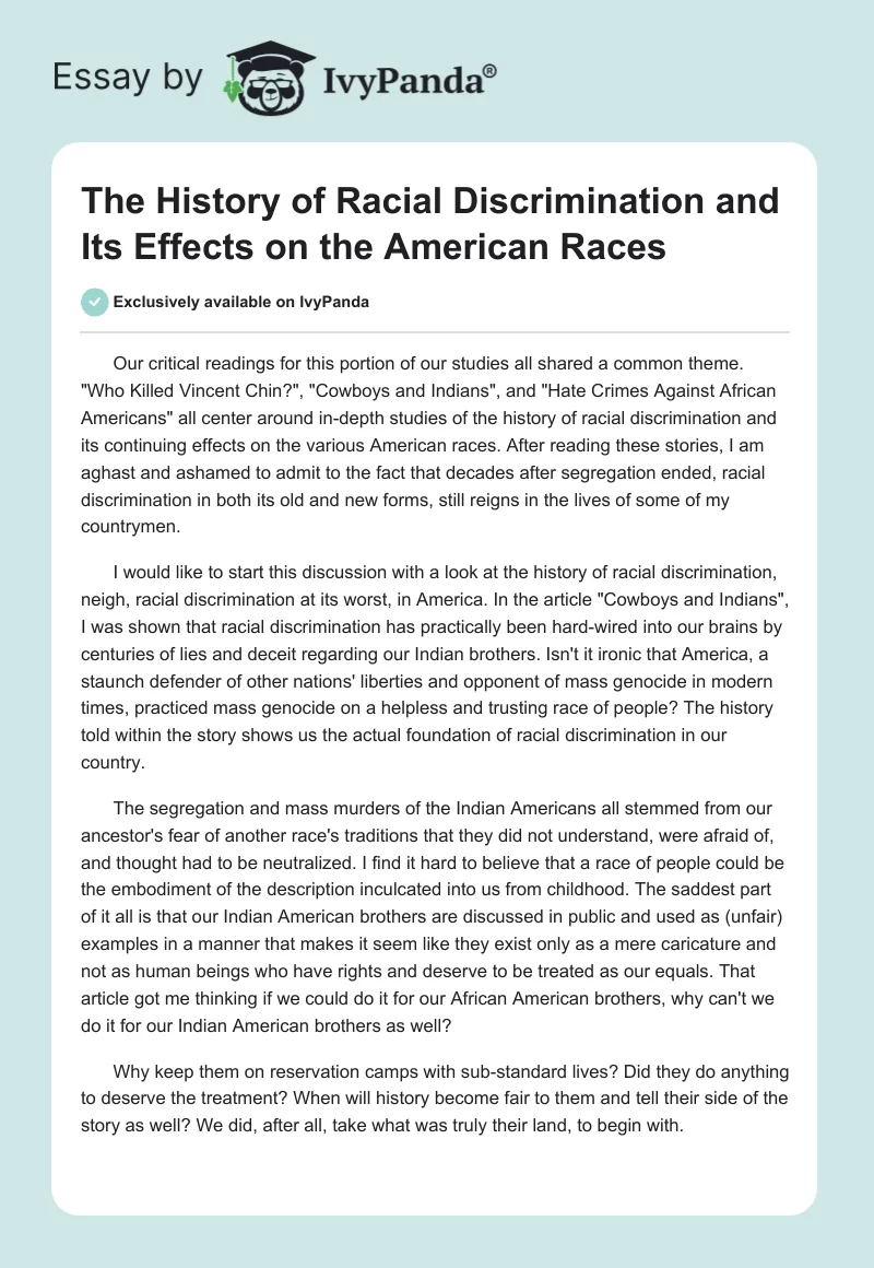 The History of Racial Discrimination and Its Effects on the American Races. Page 1