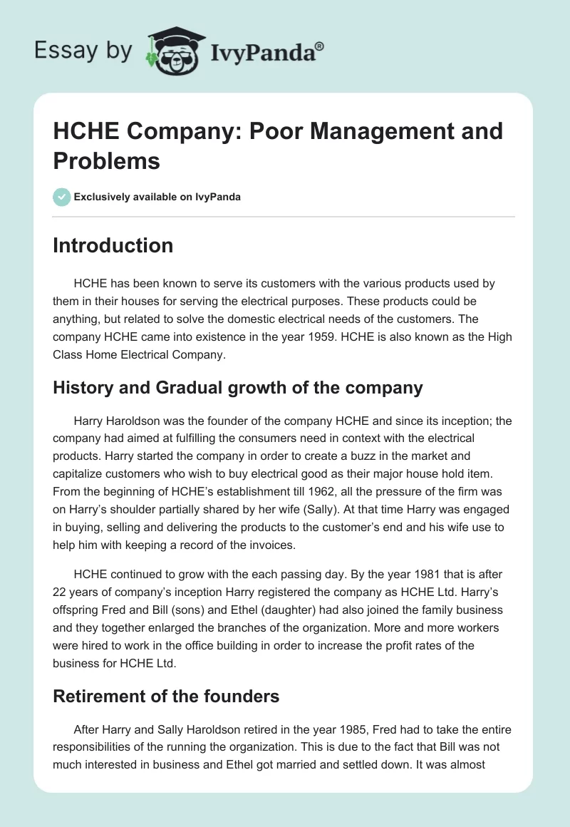 HCHE Company: Poor Management and Problems. Page 1