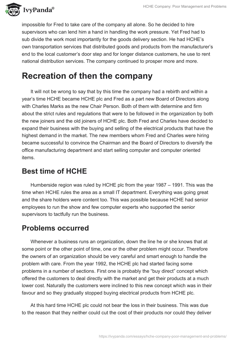 HCHE Company: Poor Management and Problems. Page 2