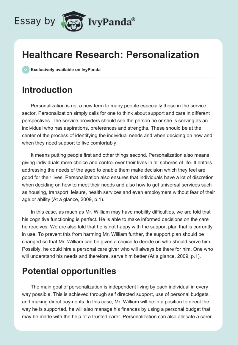Healthcare Research: Personalization. Page 1