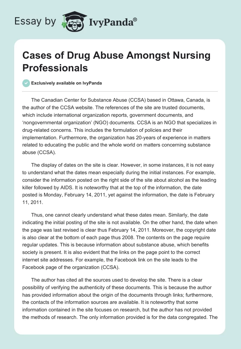 Cases of Drug Abuse Amongst Nursing Professionals. Page 1