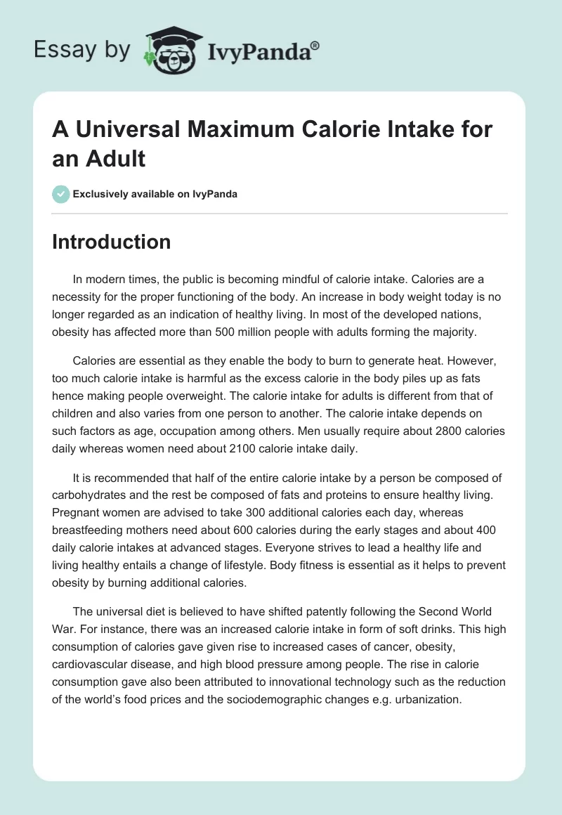 A Universal Maximum Calorie Intake for an Adult. Page 1