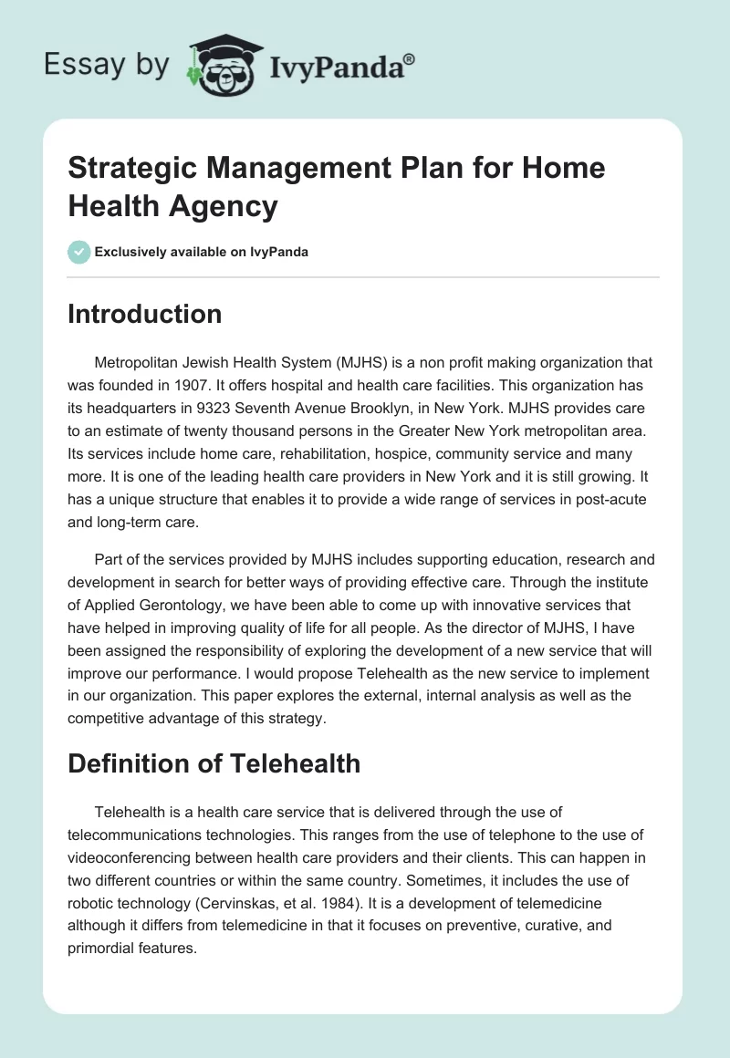 Strategic Management Plan for Home Health Agency. Page 1