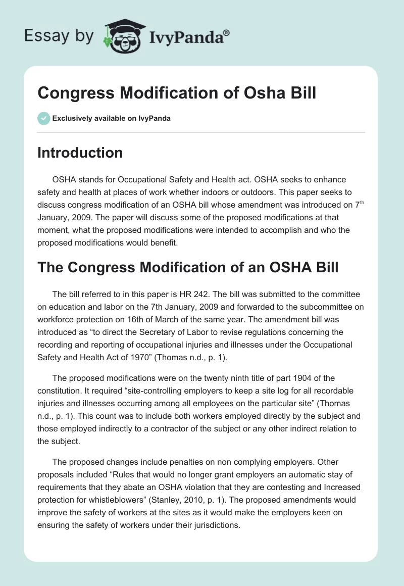 Congress Modification of Osha Bill. Page 1