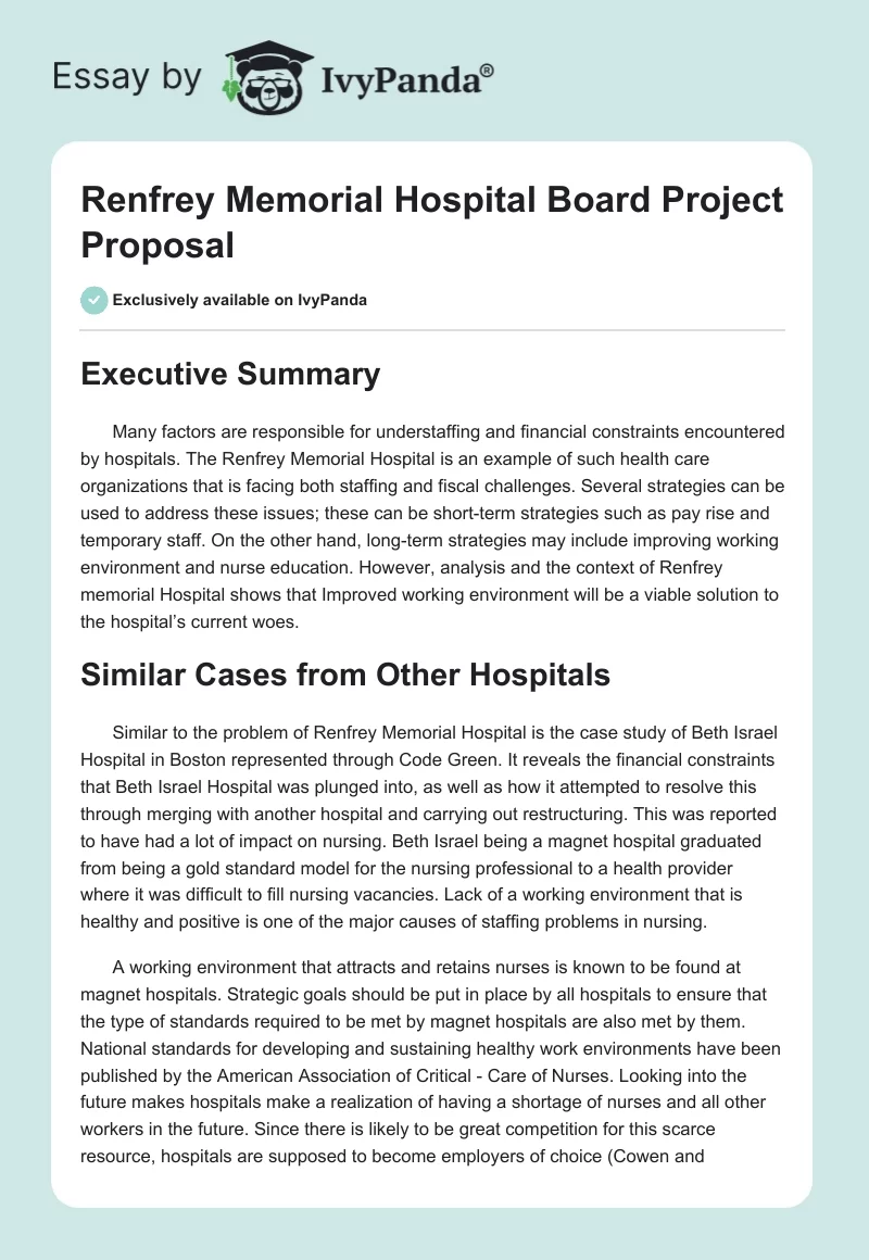 Renfrey Memorial Hospital Board Project Proposal. Page 1