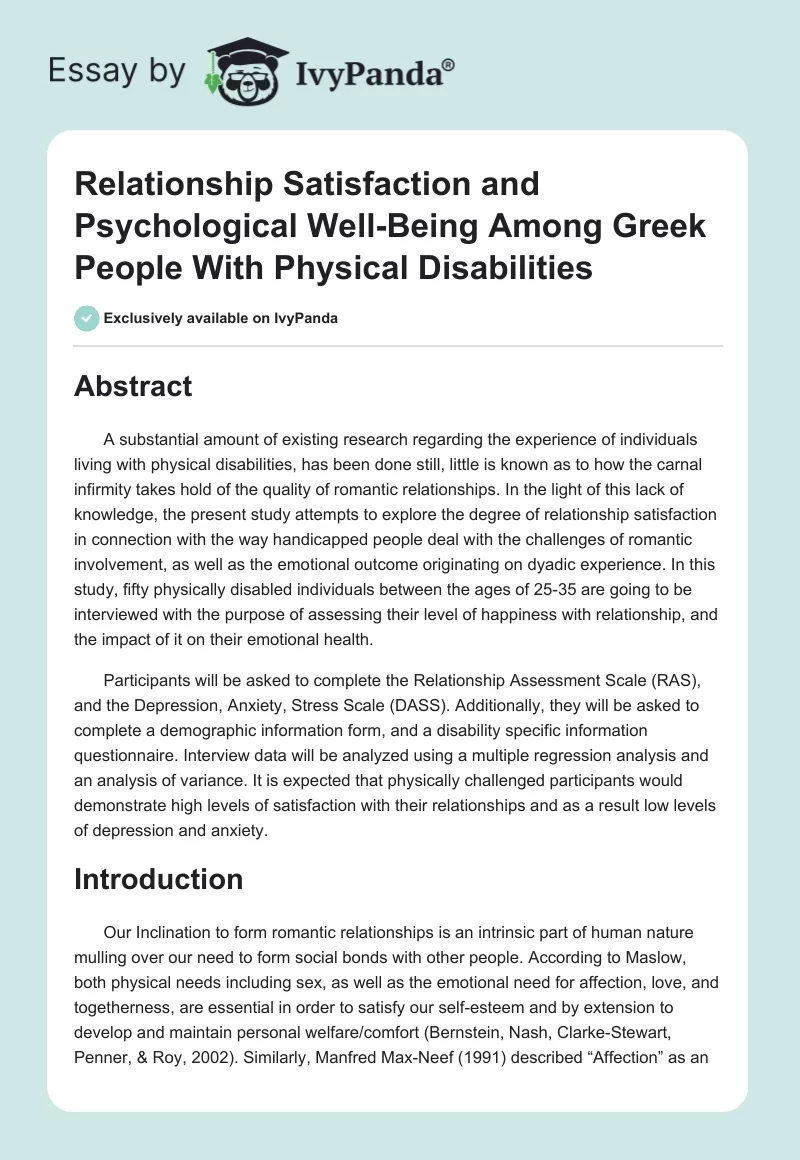 Relationship Satisfaction and Psychological Well-Being Among Greek People With Physical Disabilities. Page 1