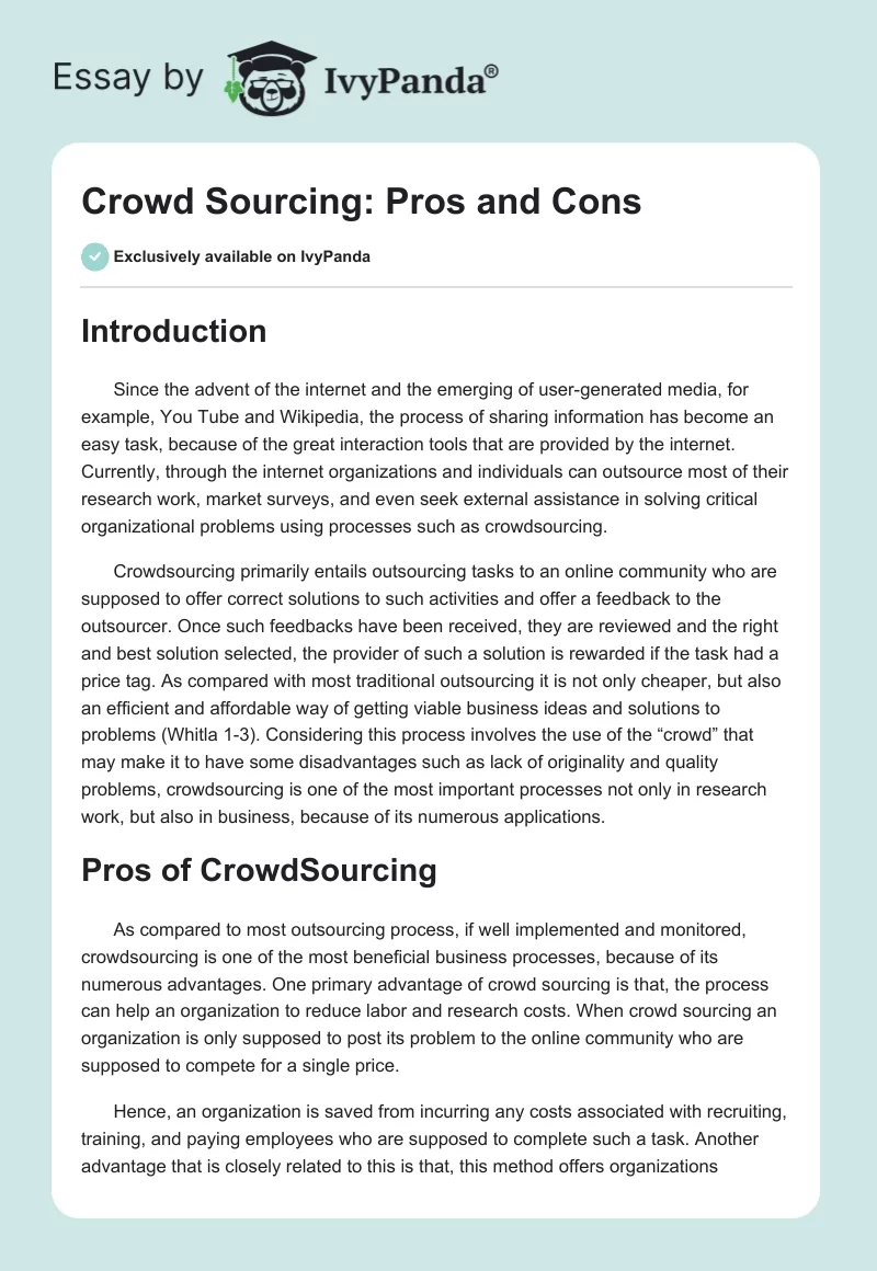 Crowd Sourcing: Pros and Cons. Page 1