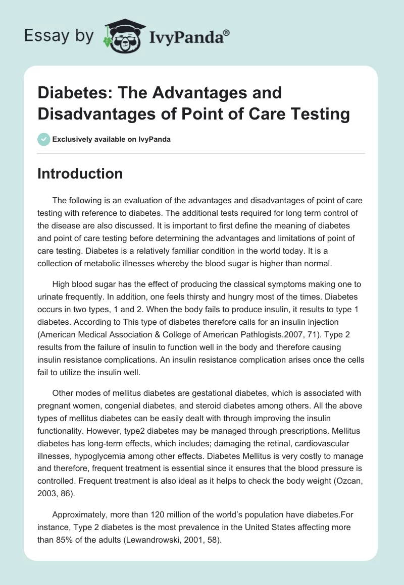 Diabetes: The Advantages and Disadvantages of Point of Care Testing. Page 1