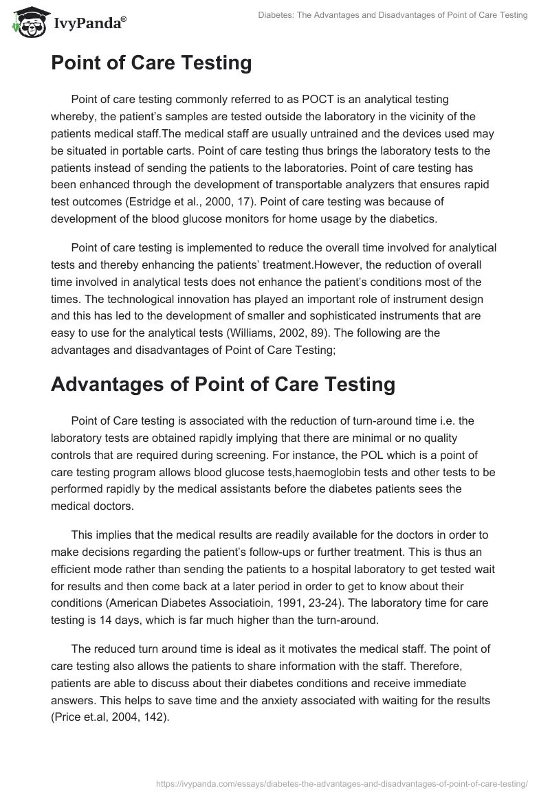 Diabetes: The Advantages and Disadvantages of Point of Care Testing. Page 2