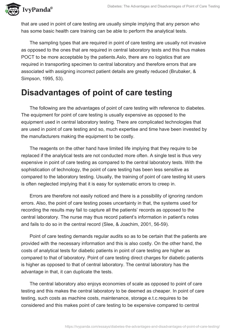 Diabetes: The Advantages and Disadvantages of Point of Care Testing. Page 5