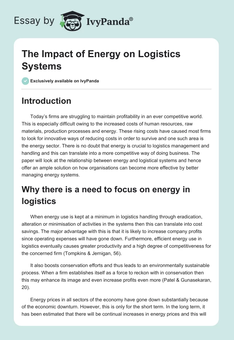 The Impact of Energy on Logistics Systems. Page 1