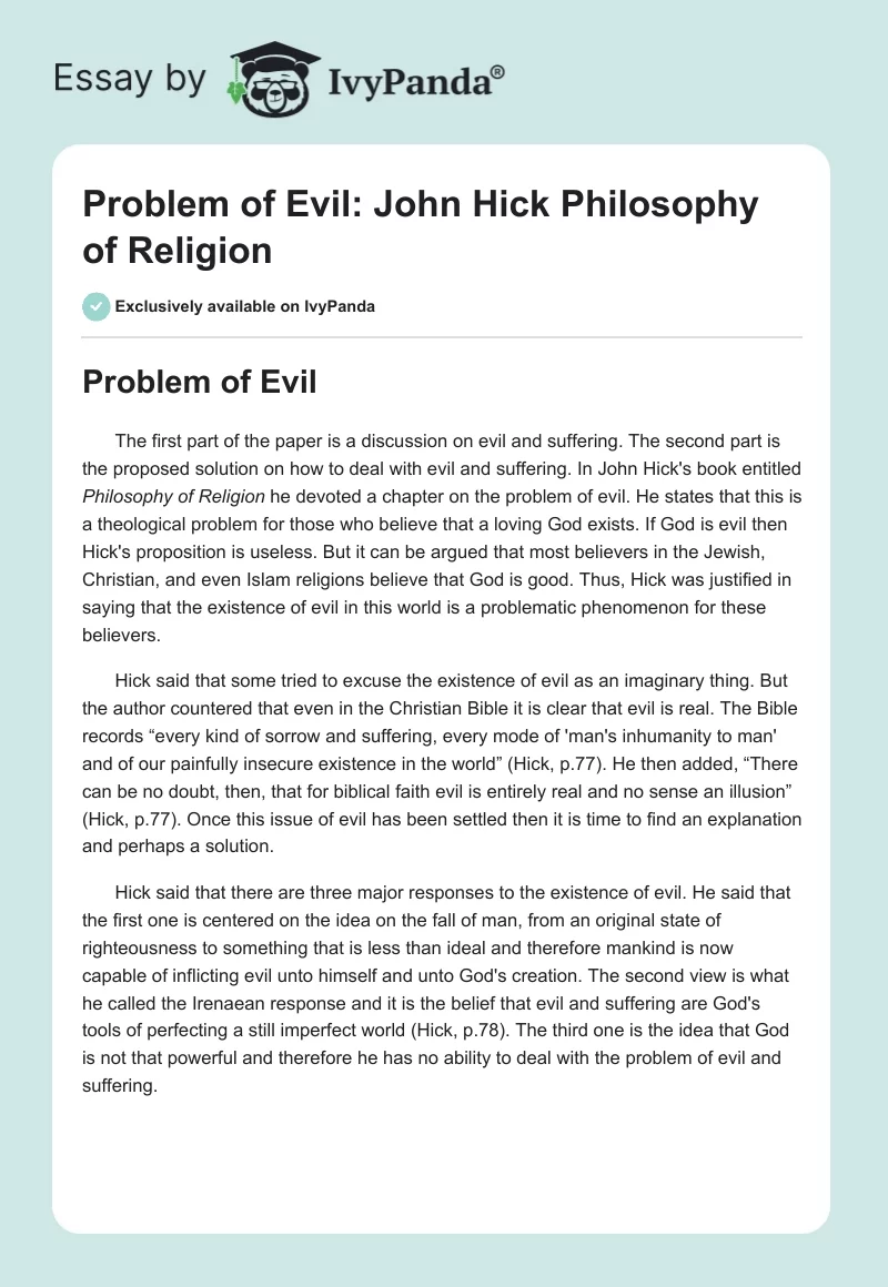 Problem of Evil: John Hick "Philosophy of Religion". Page 1