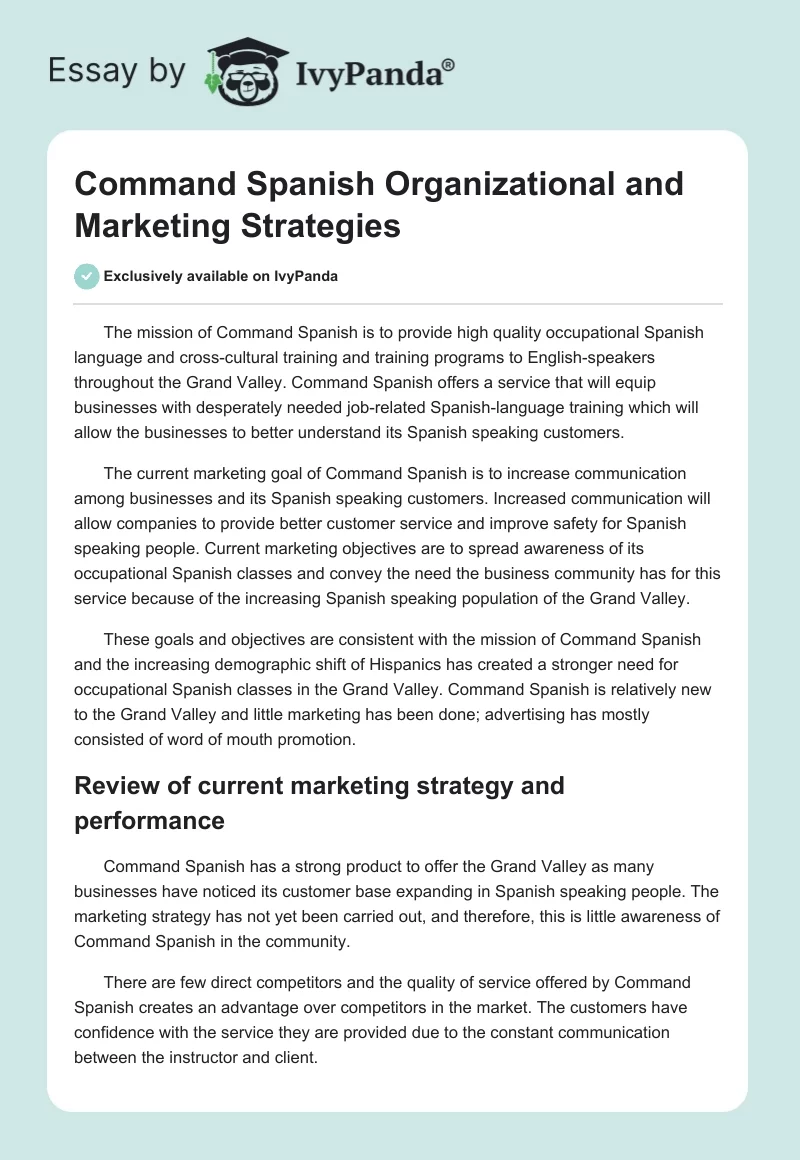 Command Spanish Organizational and Marketing Strategies. Page 1