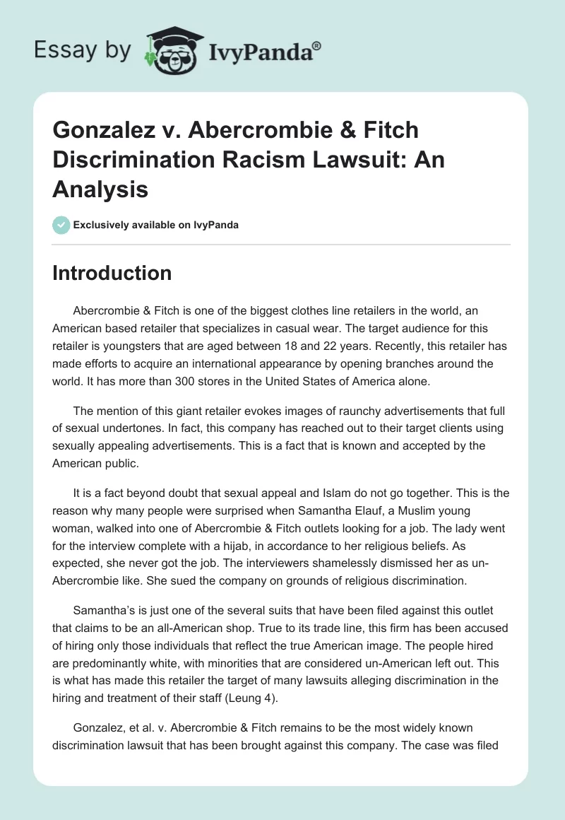 Gonzalez v. Abercrombie & Fitch Discrimination Racism Lawsuit: An Analysis. Page 1