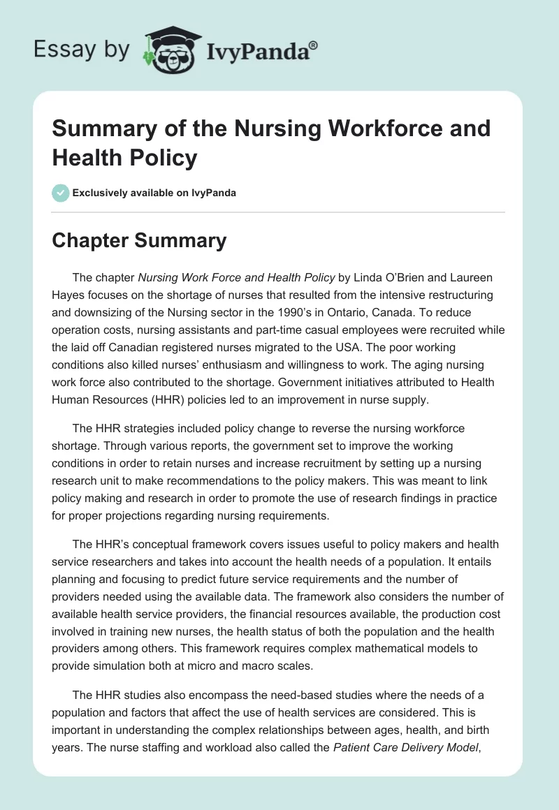 Summary of the Nursing Workforce and Health Policy. Page 1