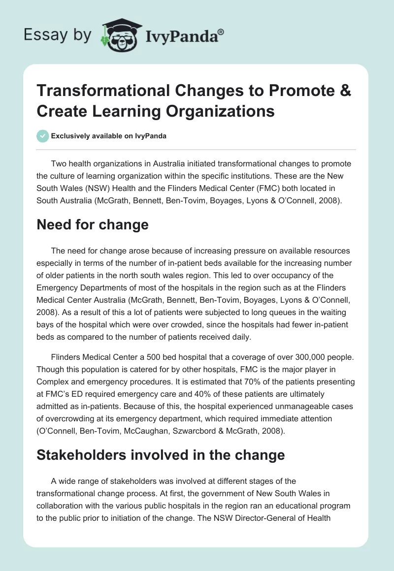 Transformational Changes to Promote & Create Learning Organizations. Page 1