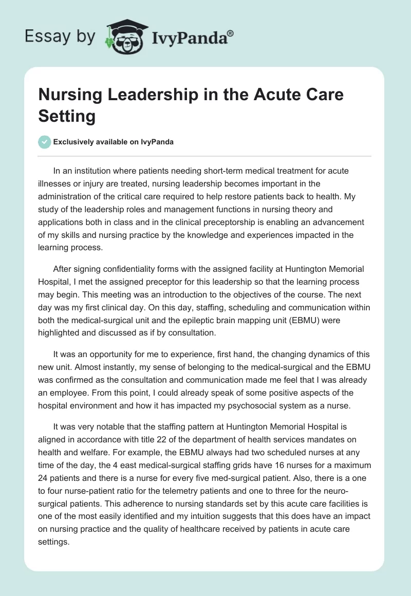 Nursing Leadership in the Acute Care Setting. Page 1