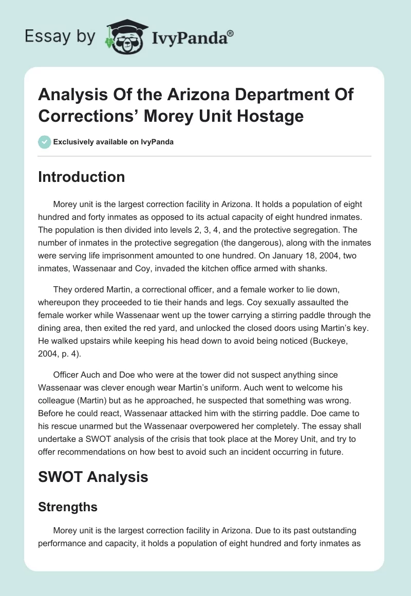 Analysis Of the Arizona Department Of Corrections’ Morey Unit Hostage. Page 1