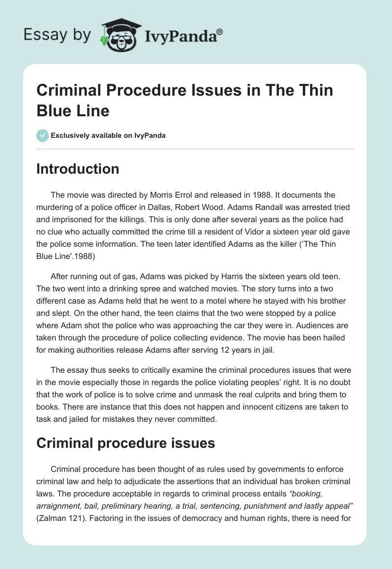 Criminal Procedure Issues in "The Thin Blue Line". Page 1