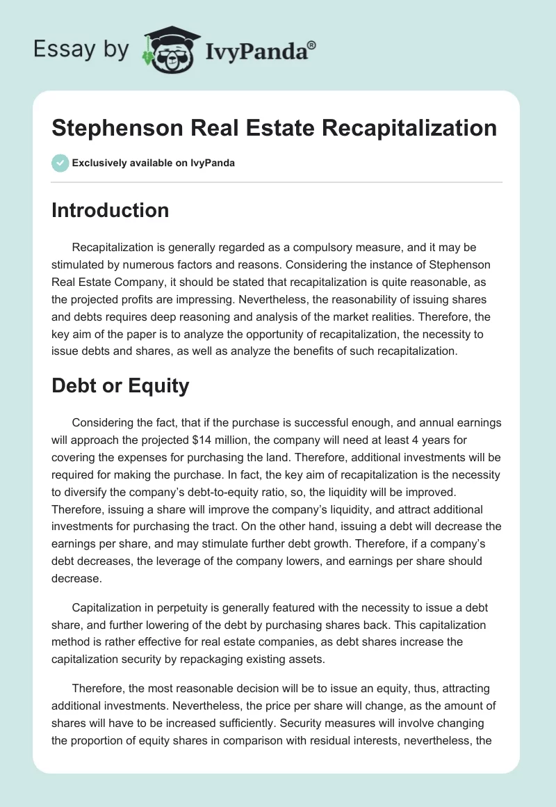 Stephenson Real Estate Recapitalization. Page 1