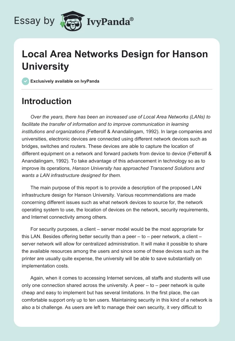 Local Area Networks Design for Hanson University. Page 1