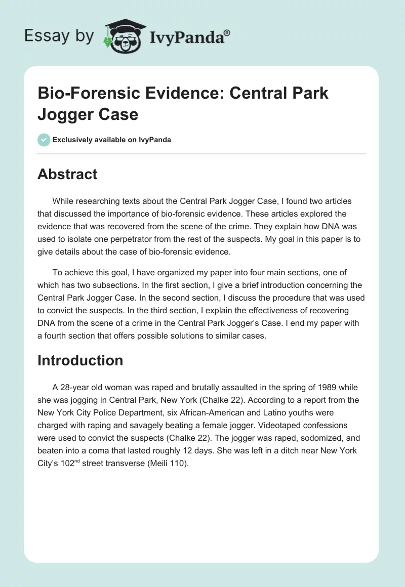 Bio-Forensic Evidence: Central Park Jogger Case. Page 1