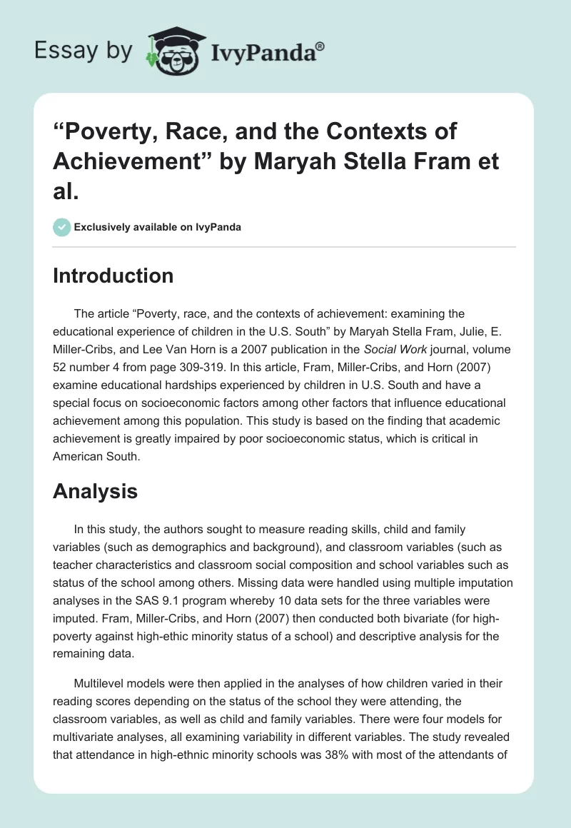 “Poverty, Race, and the Contexts of Achievement” by Maryah Stella Fram et al.. Page 1
