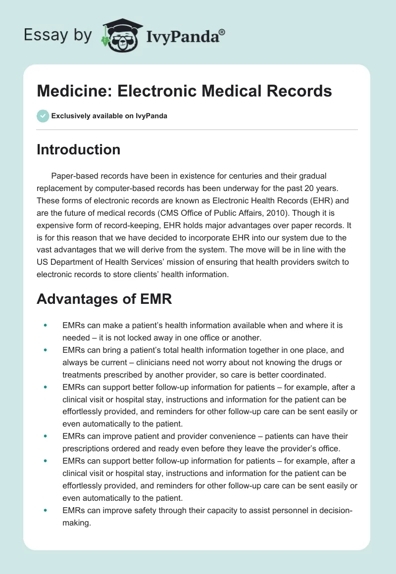 Medicine: Electronic Medical Records. Page 1