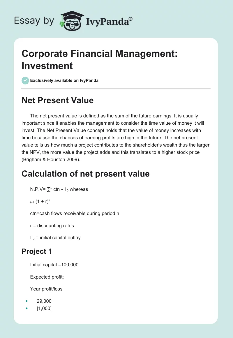 Corporate Financial Management: Investment. Page 1
