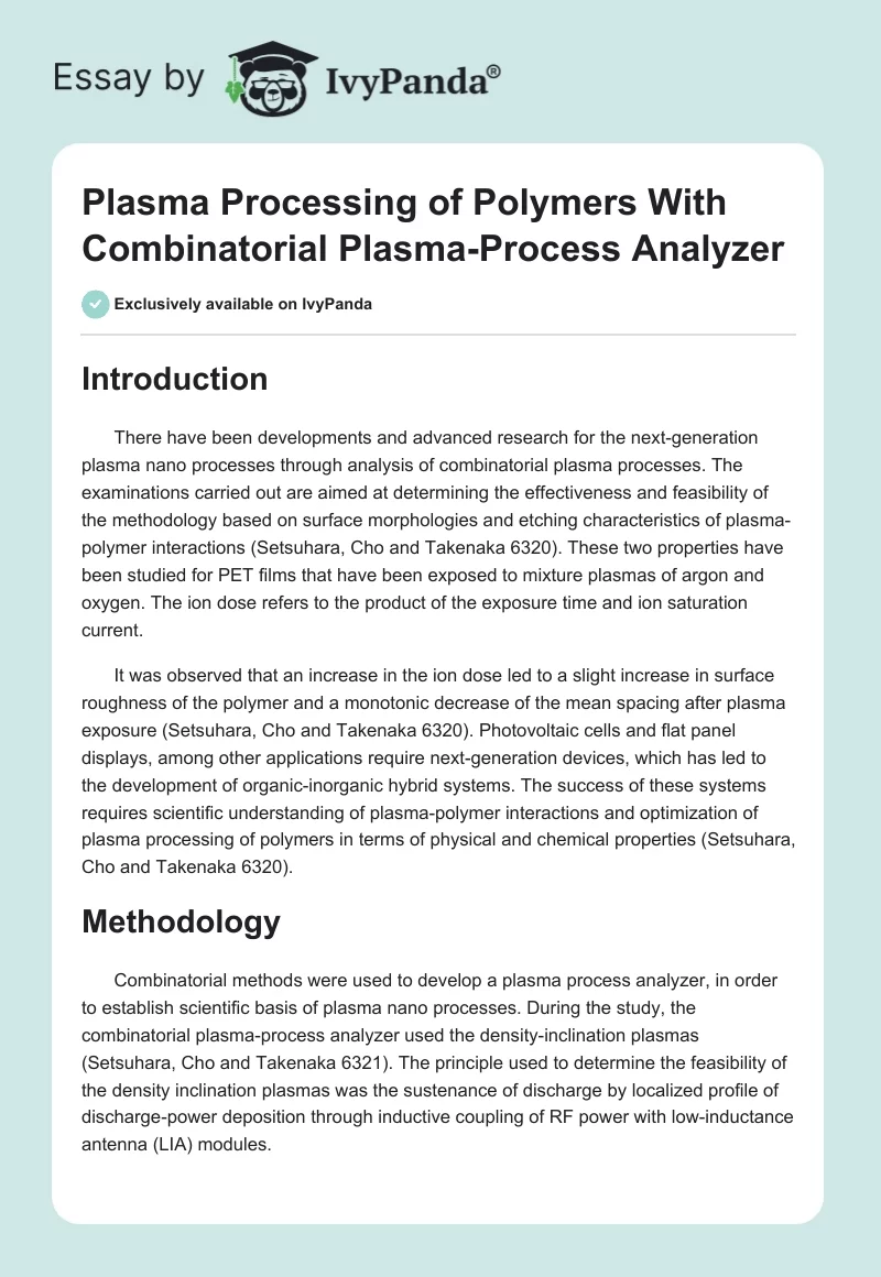 Plasma Processing of Polymers With Combinatorial Plasma-Process Analyzer. Page 1