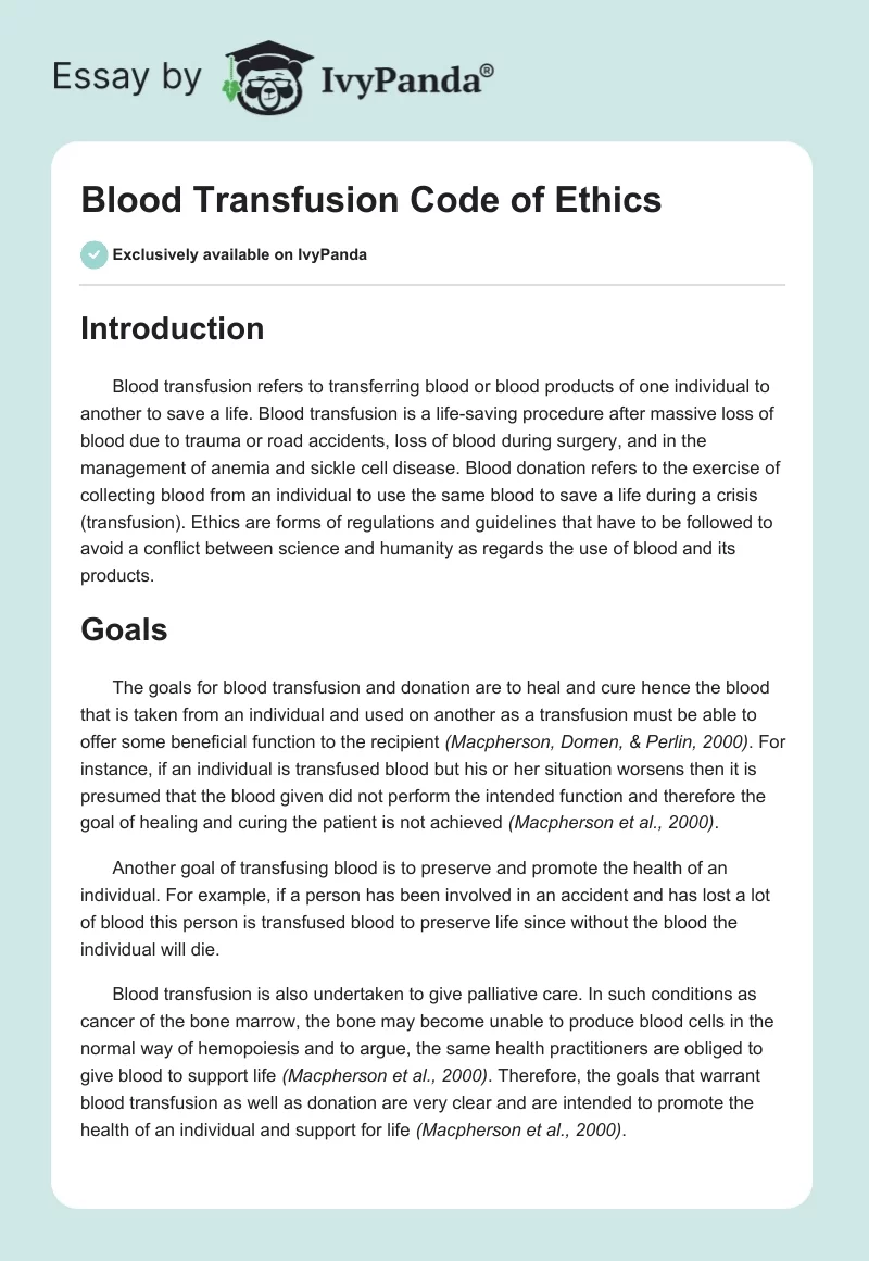 Blood Transfusion Code of Ethics. Page 1