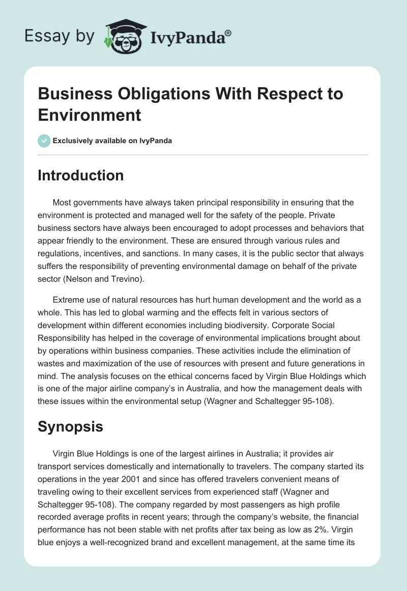 Business Obligations With Respect to Environment. Page 1