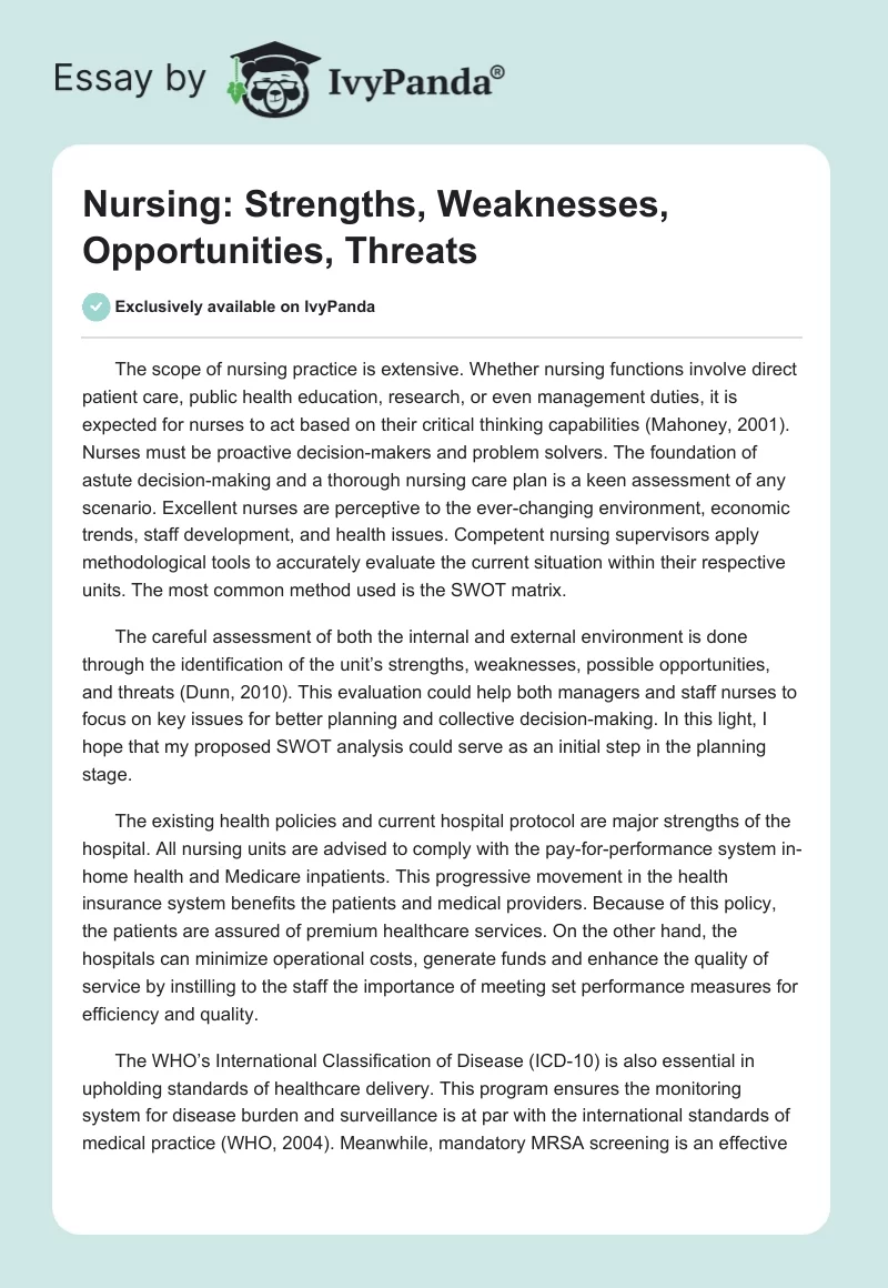 Nursing: Strengths, Weaknesses, Opportunities, Threats. Page 1