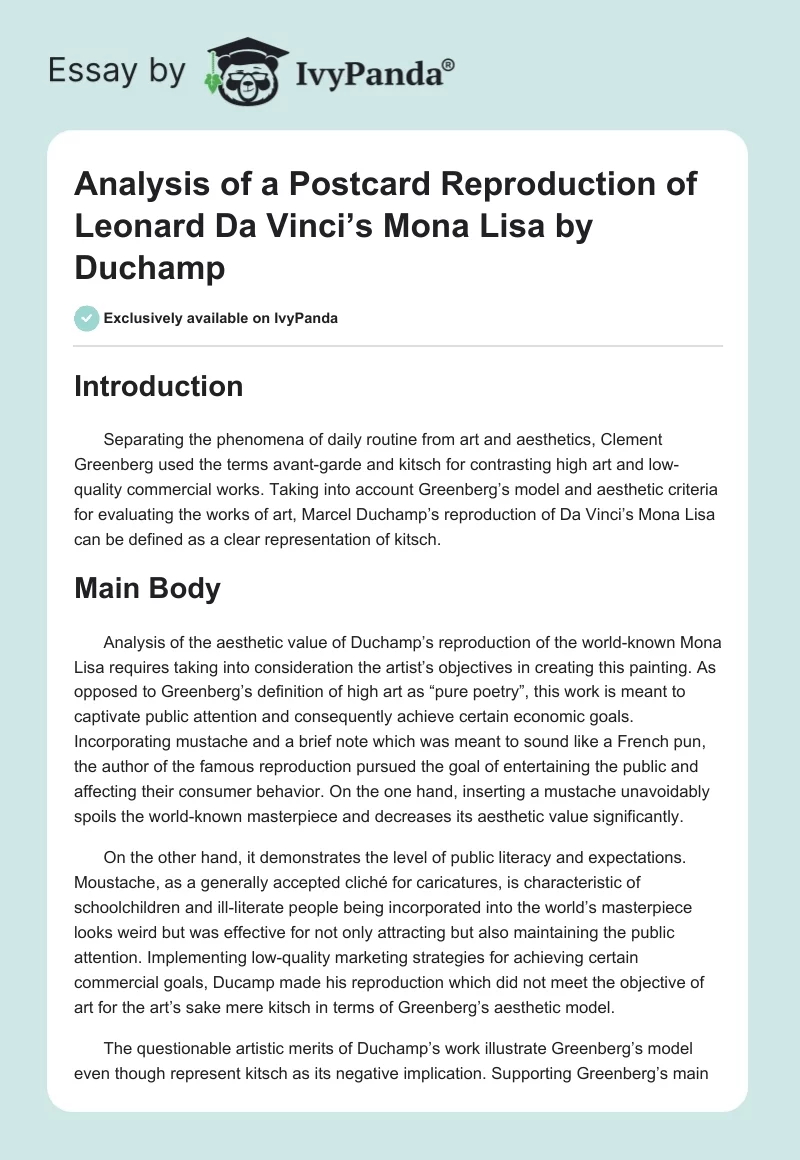 Analysis of a Postcard Reproduction of Leonard Da Vinci’s Mona Lisa by Duchamp. Page 1