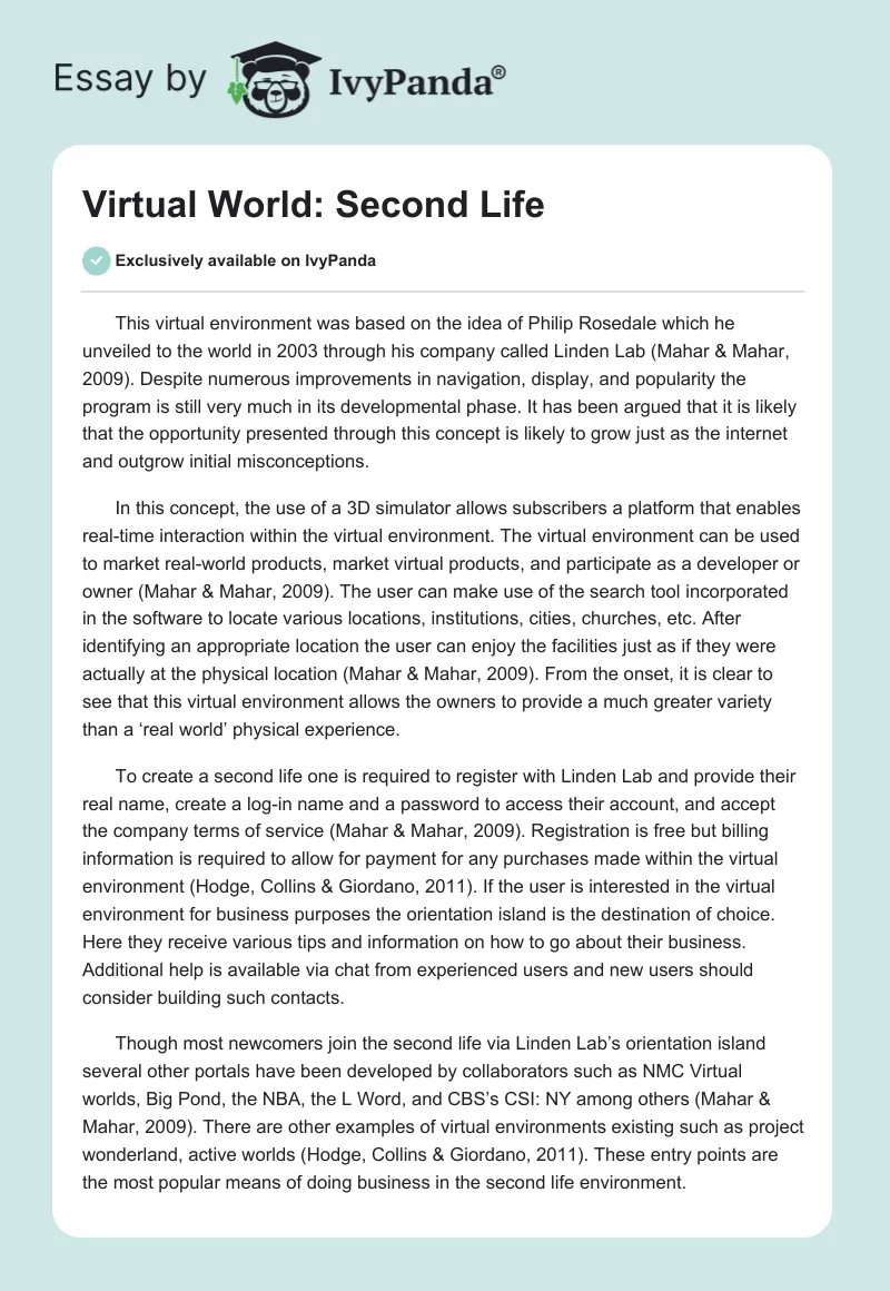 Virtual World: Second Life. Page 1