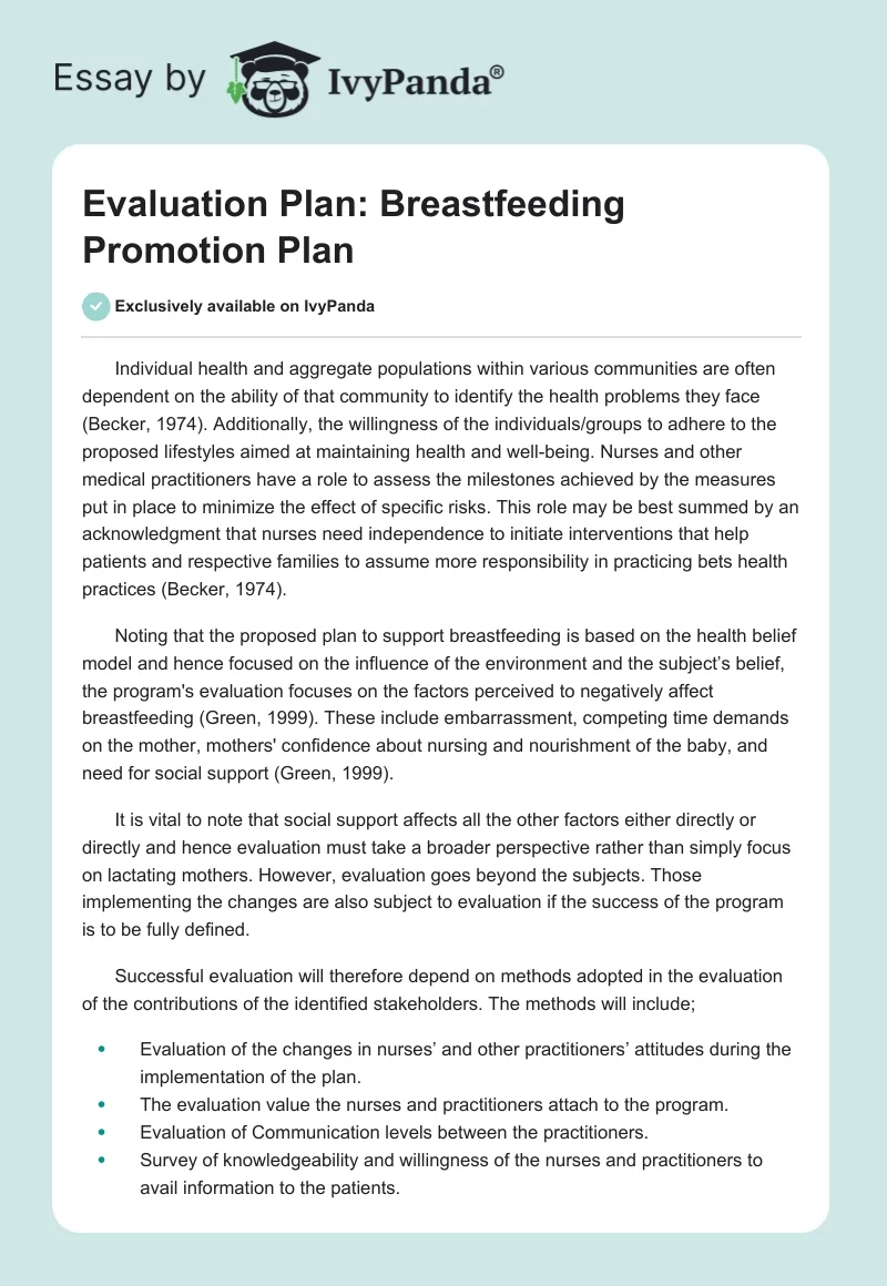 Evaluation Plan: Breastfeeding Promotion Plan. Page 1