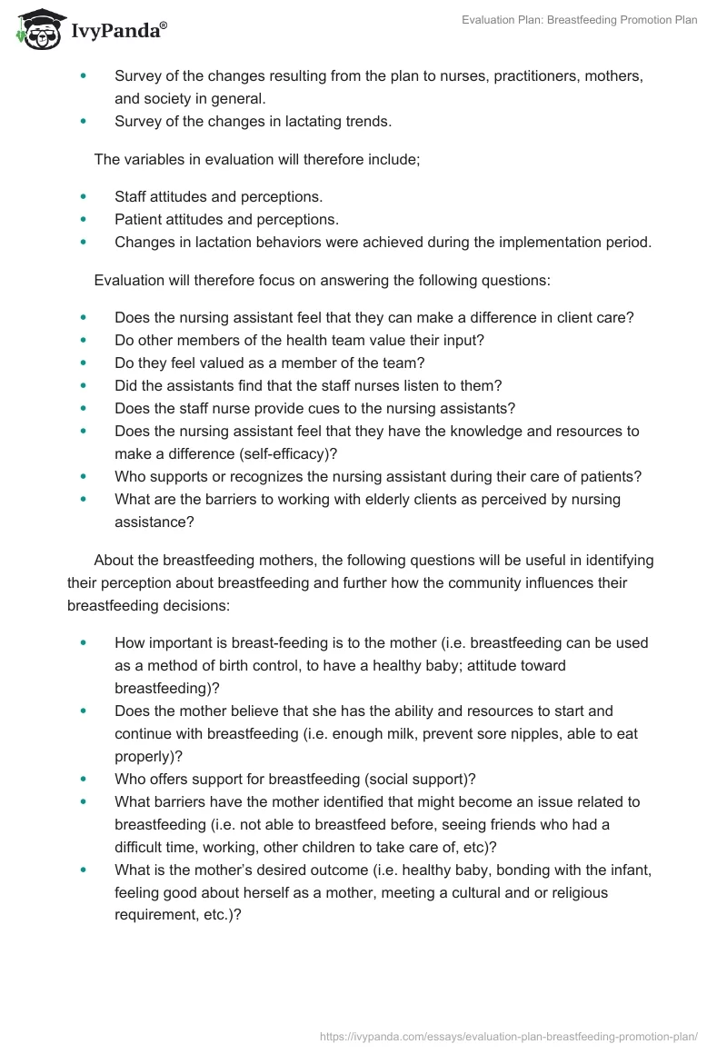 Evaluation Plan: Breastfeeding Promotion Plan. Page 2