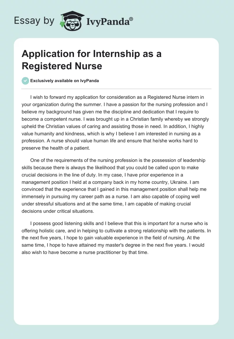 Application for Internship as a Registered Nurse. Page 1