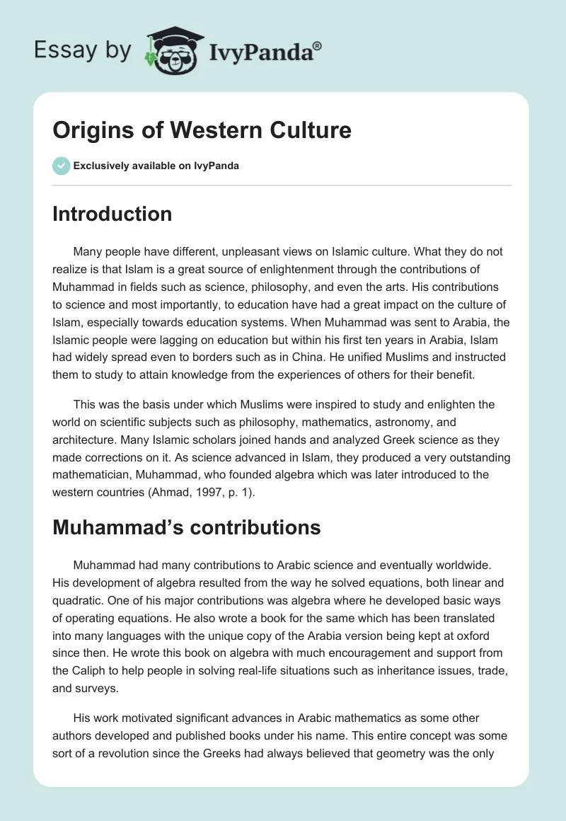 Origins of Western Culture. Page 1