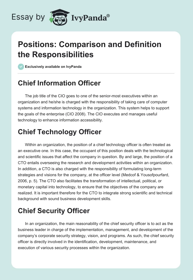 Positions: Comparison and Definition the Responsibilities. Page 1