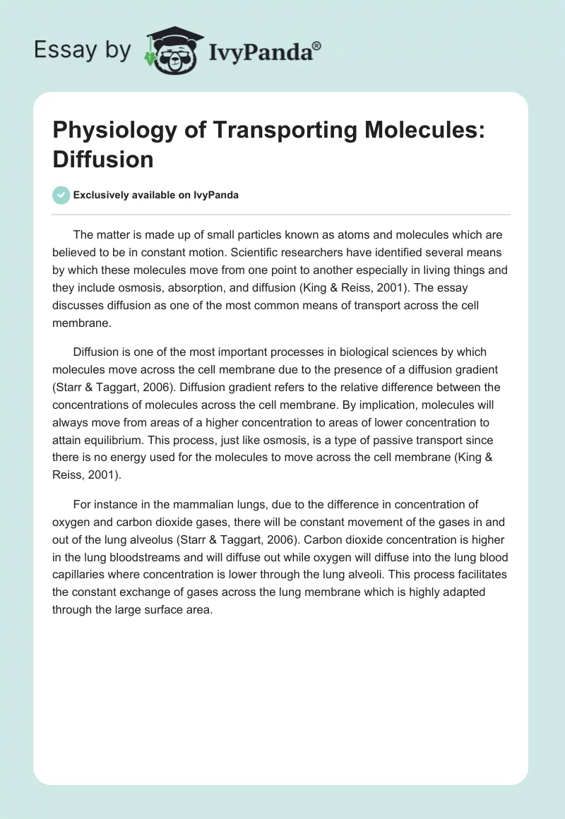 Physiology of Transporting Molecules: Diffusion. Page 1